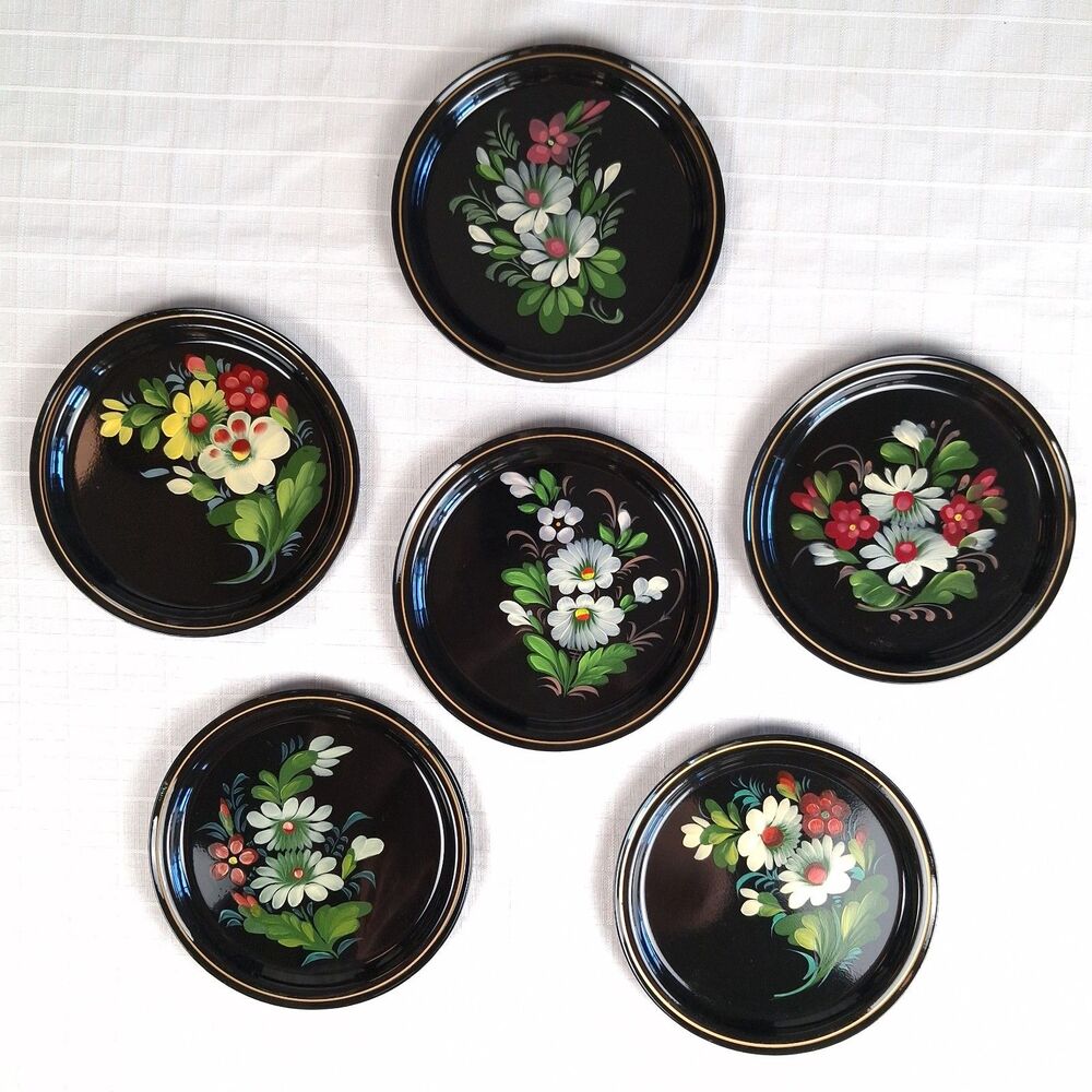 Complete Set of 6 Vintage Soviet Russian Hand-Painted Floral Toleware Plates